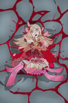 1girl amputee blonde_hair blood bloomers chaos_marie_(grimms_notes) death geth.k.gelior grimms_notes guro hair_ribbon long_hair open_mouth quadruple_amputee ribbon ryona solo white_bloomers