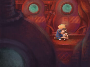 1boy 1girl black_hair blonde_hair blue_jacket blue_pants blurry blurry_foreground boots breasts brown_boots brown_gloves brown_hair brown_skirt brown_vest cairn09 cloud_strife commentary_request container crisis_core:_final_fantasy_vii crop_top final_fantasy final_fantasy_vii final_fantasy_vii_remake from_side full_body gloves green_scarf hand_on_another&#039;s_head highres hug indoors jacket long_hair medium_breasts nibelheim official_alternate_costume on_one_knee open_clothes open_vest pants scarf scenery shinra_infantry_uniform short_hair sitting skirt spiked_hair stasis_tank tifa_lockhart tifa_lockhart_(cowgirl) unconscious vest