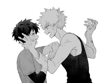 2boys arm_up bakugou_katsuki boku_no_hero_academia compression_sleeve eye_contact finger_in_another's_mouth from_side greyscale hand_on_another's_arm labhu looking_at_another male_focus midoriya_izuku monochrome multiple_boys open_mouth parted_bangs shirt short_hair short_sleeves simple_background spiked_hair t-shirt tank_top white_background