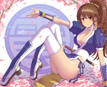 Rule 34 | 1girl, arm support, breasts, brown eyes, brown hair, cherry blossoms, choker, cleavage, dead or alive, english text, hair ribbon, highres, japanese clothes, kasumi (doa), knees up, large breasts, long hair, looking at viewer, mariebell, matching hair/eyes, ninja, obi, panties, panty peek, pelvic curtain, ponytail, ribbon, sandals, sash, sheath, sheathed, short sword, sitting, smile, solo, sword, tantou, team ninja, tecmo, thank you, thighhighs, tree, underwear, wakizashi, weapon, weapon on back, white choker, white panties, white thighhighs, zouri