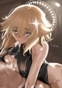 Rule 34 | 1boy, 1girl, absurdres, ass, bare hips, blonde hair, blue eyes, breasts, cleavage cutout, clothed sex, clothing cutout, cum, cum on body, cum on breasts, cum on upper body, double halo, girl on top, hair between eyes, hair ornament, halo, highres, kaneko lumi, large breasts, long hair, multiple halos, paizuri, phase connect, pupi (rain prophet), sparkle hair ornament, star (symbol), virtual youtuber