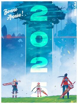 1girl 2025 2boys artist_request black_hair blonde_hair blue_sky bob_cut border commentary_request french_commentary french_text glowing glowing_eyes high_ponytail highres holding holding_sword holding_weapon jacket mechonis monado multiple_boys new_year noah_(xenoblade) on_grass outdoors ponytail pyra_(xenoblade) red_jacket shulk_(xenoblade) sky standing sword translation_request weapon white_border xenoblade_chronicles_(series) xenoblade_chronicles_1 xenoblade_chronicles_2 xenoblade_chronicles_3