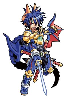Rule 34 | 1boy, armor, armored boots, black bodysuit, blue armor, blue hair, blue tail, bodysuit, boots, dragon boy, dragon tail, dragon wings, energy sword, facial mark, fang, forehead mark, gauntlets, gold armor, hair between eyes, harakawa mitsuhiro, holding, holding sword, holding weapon, horns, low wings, multicolored armor, muscular, muscular male, official art, open mouth, pointy ears, red eyes, ryuuga (shinrabanshou), sheath, shinrabanshou, short hair, simple background, solo, sword, tail, teeth, third-party source, transparent background, upper teeth only, weapon, wings