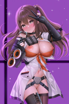 1girl absurdres backlighting bare_shoulders belt black_belt black_choker black_gloves black_thighhighs blush bra bra_pull breasts breasts_out brown_hair choker cleavage clothes_pull coat collarbone commentary criss-cross_straps dakimakura_(medium) diamond-shaped_pupils diamond_(shape) elbow_gloves english_commentary finger_heart front-tie_bra furrowed_brow girls'_frontline girls'_frontline_2:_exilium gloves grey_eyes hair_between_eyes hair_ornament hairclip hand_up head_tilt heart highres k2_(girls'_frontline) keine09 large_breasts light_frown light_particles long_hair looking_at_viewer merchandise_available navel nipples one_side_up orange_bra orange_trim partially_fingerless_gloves pouch purple_background pussy shirt single_bare_shoulder solo sparkle standing symbol-shaped_pupils thighhighs thighs underwear v very_long_hair white_coat white_shirt yellow_pupils yoohee_(girls'_frontline_2)