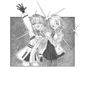 2girls ^_^ ahoge arm_above_head black_gloves chaldea_logo closed_eyes collared_shirt cowboy_shot facing_viewer fate/grand_order fate_(series) fujimaru_ritsuka_(female) fujimaru_ritsuka_(female)_(decisive_battle_chaldea_uniform) gloves greyscale grin hair_over_one_eye highres hood hoodie jacket long_sleeves mash_kyrielight medium_hair miniskirt monochrome multiple_girls necktie own_hands_clasped own_hands_together pantyhose shirt skirt smile star_(symbol) t_maguo teeth upper_teeth_only waving