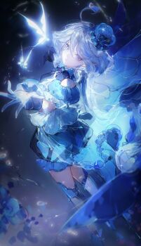 1girl absurdres ahoge air_bubble black_gloves bloomers blue_eyes blue_hair blue_hat blue_shorts blue_sleeves blue_streaks bubble bug butterfly frilled_bloomers frilled_hat frilled_sleeves frills from_behind furina_(genshin_impact) genshin_impact gloves hat heterochromia highres insect long_hair looking_at_viewer looking_back multicolored_hair puffy_short_sleeves puffy_sleeves qingling see-through_clothes see-through_skirt short_sleeves shorts skirt solo standing streaked_hair underwear white_gloves white_hair