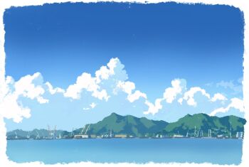 blue_sky cloud commentary_request crane_(machine) day harbor highres hill kgpmdn268 mountainous_horizon no_humans original outdoors scenery sky sky_focus