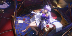 Rule 34 | 1girl, aqua eyes, artist name, bare legs, bare shoulders, barefoot, breasts, commentary request, detached sleeves, dress, feet, gloves, hair intakes, halo, highres, honkai: star rail, honkai (series), large breasts, ling dianxia, long hair, looking at viewer, phonograph, purple hair, record, robin (honkai: star rail), short sleeves, sidelocks, sitting, solo, very long hair, white dress, white gloves