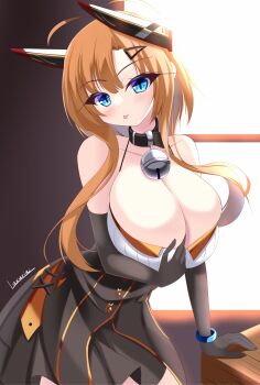 1girl antenna_hair artist_name azur_lane bare_shoulders bell black_dress black_gloves blue_eyes breasts cleavage collar commentary_request dress elbow_gloves foxhound_(azur_lane) foxhound_(retrofit)_(azur_lane) framed_breasts gloves hair_ornament hairclip headgear highres huge_breasts jingle_bell leaning_forward looking_at_viewer luxuria neck_bell orange_hair orange_trim short_hair_with_long_locks sleeveless sleeveless_dress slit_pupils solo tongue tongue_out
