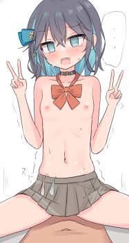 ... 1boy 1girl @_@ absurdres black_hair blue_bow blue_eyes blue_hair blush bow bowtie breasts cat_choker collarbone colored_inner_hair commentary_request condom cowgirl_position crossed_bangs double-parted_bangs double_v fang grey_skirt hair_between_eyes hair_bow hetero highres looking_at_viewer medium_hair miniskirt miyamai_moca motion_lines multicolored_hair navel nipples open_mouth pleated_skirt pov red_bow red_bowtie sasapi sex sidelocks simple_background skin_fang skirt small_breasts solo_focus spread_legs stomach straddling streaked_hair sweat used_condom used_condom_in_clothes v voicepeak white_background