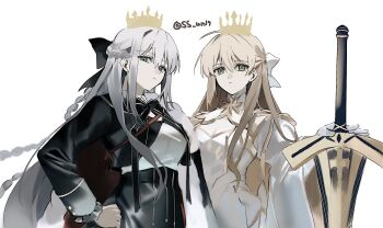 2girls artist_name artoria_pendragon_(fate) black_bow blonde_hair blue_eyes bow braid commentary crown dress fate/grand_order fate_(series) gloves green_eyes hair_between_eyes hair_bow half_up_braid highres long_hair looking_at_viewer lord_logres_(fate) lord_logres_(second_ascension)_(fate) morgan_le_fay_(fate) morgan_le_fay_(student_council_president)_(fate) multiple_girls ss_un17 untranslatable_commentary very_long_hair white_bow white_dress white_gloves white_hair