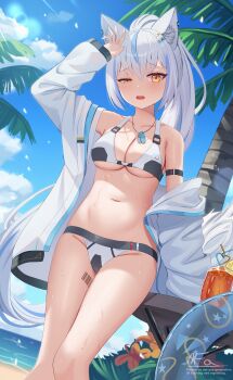 1girl :o absurdres animal_ear_fluff animal_ears arm_strap arm_support arm_up armpit_crease barcode barcode_tattoo bare_legs beach bikini blue_hair blue_sky blue_streaks blurry blurry_background breasts cloud collarbone commentary commentary_request cowboy_shot crazy_straw cup day depth_of_field dog_tags dot_nose drink drinking_glass drinking_straw dutch_angle earclip eyelashes food fox_ears fox_girl fox_tail fruit groin hair_between_eyes hair_ornament hairpin hand_on_table heart_straw high_ponytail highres hot jacket jacket_over_swimsuit large_breasts leg_tattoo lens_flare light_blush light_particles long_hair looking_at_viewer lower_lip_only mirufuaa multicolored_hair multiple_hairpins navel nose_shade o-ring o-ring_bikini open_clothes open_jacket open_mouth orange_(fruit) orange_slice original outdoors palm_tree ponytail raised_inner_eyebrows signature single_bare_shoulder single_off_shoulder sky solo standing stomach streaked_hair sweat swimsuit symbol-only_commentary tail tattoo teeth thighs transparent_innertube tree underboob uneven_eyes unzipped upper_teeth_only very_sweaty watermark white_bikini white_hair white_jacket yellow_eyes