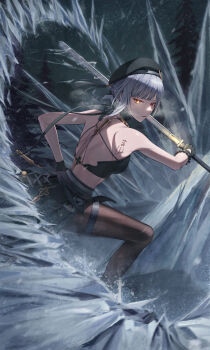 1girl absurdres back backless_outfit bare_shoulders beret black_gloves black_hat breasts commentary crop_top cryokinesis gloves glowing glowing_eye grey_hair hat highres holding holding_sword holding_weapon ice jewelry looking_at_viewer outdoors pantyhose red_eyes sanhua_(wuthering_waves) shirt skirt sword symbol-shaped_pupils tacet_mark_(wuthering_waves) tassel thigh_strap toroe02 turtleneck turtleneck_shirt weapon wuthering_waves