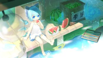 1girl absurdres akikawa_suika blue_eyes blue_hair child cirno cirno_day cold detached_wings dress eating edsky0309 fantasy feet food from_above fruit hair_ribbon highres holding holding_food holding_fruit holding_watermelon ice ice_wings porch puddle ribbon short_dress short_hair sitting smile solo summer swinging_legs touhou veranda watermelon watermelon_slice wings