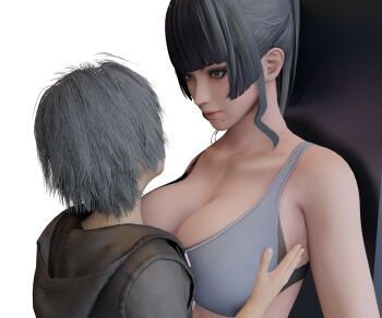 1boy 1girl 3d blender_(medium) breasts crossover dead_or_alive dead_or_alive_5 final_fantasy final_fantasy_xv highres hood hoodie hug kudarizaka large_breasts noctis_lucis_caelum nyotengu shota sports_bra