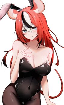 Rule 34 | 1girl, absurdres, alternate costume, animal ears, black hair, blue eyes, blush, breasts, cleavage, commentary, covered navel, fake animal ears, hakos baelz, hand on own chest, highres, hololive, hololive english, immakms zzz, long hair, looking at viewer, mouse ears, mouse girl, mouse tail, multicolored hair, playboy bunny, rabbit ears, red hair, simple background, streaked hair, tail, very long hair, virtual youtuber, white background, white hair