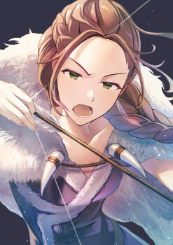 1girl aiming arrow_(projectile) bow_(weapon) braid brown_hair collarbone commentary_request earrings feather_earrings feathers floating_clothes floating_hair fur_shawl green_eyes grey_background h'aanit_(octopath_traveler) highres jewelry looking_at_viewer octopath_traveler octopath_traveler_i open_mouth pelt shawl single_braid solo tarayuki upper_body weapon