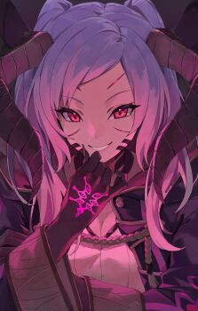 1girl aura breasts cleavage corruption dark_aura dark_persona evil_smile eyes_of_grima female_robin_(fire_emblem) female_robin_(grima)_(fire_emblem) female_robin_(grima)_(tyrant_of_despair)_(fire_emblem) fire_emblem fire_emblem_awakening fire_emblem_heroes gloves grima_(fire_emblem) hand_tattoo highres intelligent_systems kamu_(kamuuei) long_hair long_sleeves looking_at_viewer medium_breasts nintendo official_alternate_costume possessed possession red_eyes robe smile solo tattoo teeth twintails upper_body white_hair