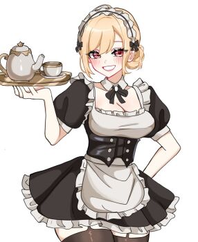 Rule 34 | 1girl, apron, black dress, black ribbon, black thighhighs, blonde hair, blush, breasts, cleavage, commentary, cowboy shot, cup, detached collar, dress, english commentary, garter straps, hair between eyes, hair bun, hand on own hip, holding, holding plate, kitagawa marin, looking at viewer, maid, maid apron, maid headdress, medium breasts, medium hair, miovartz, neck ribbon, parted lips, pink eyes, plate, puffy short sleeves, puffy sleeves, ribbon, saucer, short sleeves, smile, solo, sono bisque doll wa koi wo suru, teacup, teapot, thighhighs, updo, white background