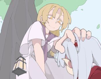 Rule 34 | 2girls, blonde hair, bolos, dress, falling leaves, grey hair, hand on another's head, lantern, leaf, light smile, louise (touhou), multiple girls, neckerchief, pointy ears, purple neckerchief, red dress, shinki (touhou), touhou, tree, white dress, yellow eyes