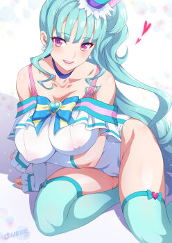 1girl aqua_hair aqua_hat aqua_thighhighs arm_under_breasts bare_shoulders blue_choker blunt_bangs blush breasts brooch cameltoe choker cleavage collarbone covered_erect_nipples cure_lillian earrings hat heart heart_brooch highres jewelry joy_ride large_breasts leotard long_hair looking_at_viewer magical_girl mini_hat nail_polish nekoyashiki_mayu open_mouth pink_eyes precure see-through_clothes see-through_leotard side_ponytail sitting smile solo thighhighs white_arm_warmers white_leotard wonderful_precure! yokozuwari