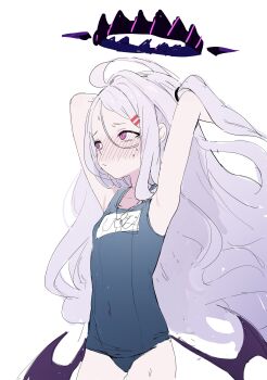 1girl absurdres ahoge armpits black_halo blue_archive blue_one-piece_swimsuit blush breasts covered_navel demon_wings dydldidl hair_ornament hairclip halo hands_up highres hina_(blue_archive) hina_(swimsuit)_(blue_archive) loli long_hair looking_to_the_side low_wings official_alternate_costume one-piece_swimsuit purple_eyes school_swimsuit sidelocks small_breasts solo sweatdrop swimsuit white_background white_hair wings