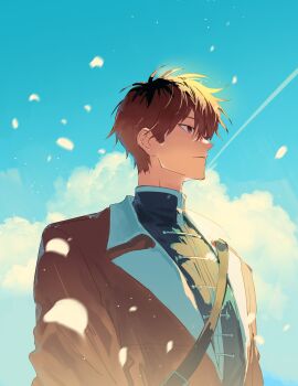 Rule 34 | 1boy, absurdres, black hair, blue sky, closed mouth, cloud, highres, jacket, looking ahead, male focus, multicolored hair, profile, red eyes, red hair, red jacket, roots (hair), ryepe, sky, solo, sousou no frieren, stark (sousou no frieren), two-tone hair, upper body