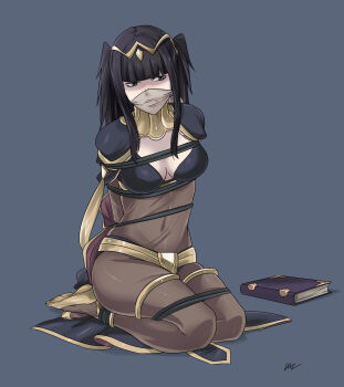 1girl artist_name bdsm black_cape black_hair black_rope blunt_bangs bodystocking bondage book bound breasts cape cloth_gag fire_emblem fire_emblem_awakening full_body gag gagged gold_trim grey_eyes highres hime_cut improvised_gag jewelry kneeling long_hair lost_one_zero medium_breasts multicolored_hair nintendo over_the_nose_gag rope shoes sidelocks solo tharja_(fire_emblem) tiara two-tone_hair yellow_shoes