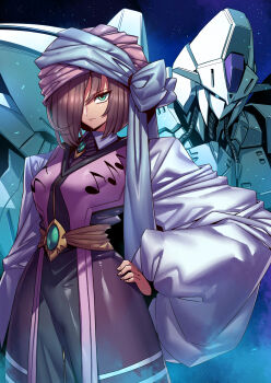 1girl absurdres character_request closed_mouth green_eyes hair_over_one_eye highres mecha purple_eyes robot short_hair space star_(sky) tukiwani