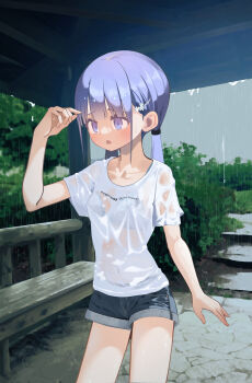 1girl absurdres arm_up bench blue_eyes blue_shorts blush bra bra_visible_through_clothes breasts clothes_writing collarbone commentary_request covered_navel denim denim_shorts furrowed_brow hair_ornament hayakawa_sena_(pei_iriya) highres long_hair open_mouth original outdoors paid_reward_available pei_iriya purple_hair rain see-through_clothes see-through_shirt shirt short_sleeves shorts solo standing t-shirt twintails underwear wet wet_clothes wet_shirt white_bra wooden_bench