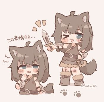 Rule 34 | 1girl, ;d, ahoge, animal ears, blush stickers, boots, brown boots, brown dress, brown hair, character request, chibi, chibi only, colon br, commentary request, dog ears, dog girl, dog tail, dress, fang, full body, hand on own hip, hand up, highres, holding, holding sword, holding weapon, knee boots, looking at viewer, multiple views, notice lines, one eye closed, open mouth, short hair, simple background, skin fang, sleeveless, sleeveless dress, smile, standing, sweatdrop, sword, tail, translation request, trickcal, twitter username, weapon, white background