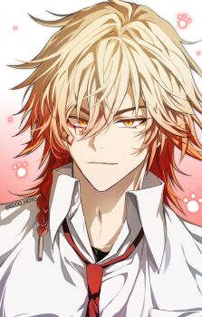 1boy absurdres bboo_hoyo blonde_hair braid collared_shirt facial_tattoo gradient_hair hashtag-only_commentary highres honkai:_star_rail honkai_(series) looking_at_viewer male_focus medium_hair multicolored_hair mydei_(honkai:_star_rail) necktie red_hair red_necktie red_tattoo school_uniform shirt side_braid solo tattoo twitter_username white_shirt yellow_eyes