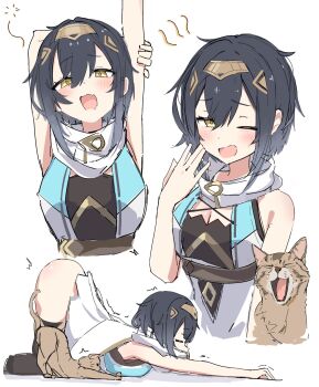 1girl =_= amber_(stella_sora) arm_up ass belt black_hair black_leotard black_thighhighs breasts brown_belt cat cat_stretch cleavage commentary_request dress hair_between_eyes hair_ornament hairclip headpiece highres leotard medium_breasts medium_hair multiple_views one_eye_closed open_mouth panda060 scarf simple_background stella_sora stretching thighhighs top-down_bottom-up waking_up wavy_mouth white_background white_dress white_scarf yawning yellow_eyes