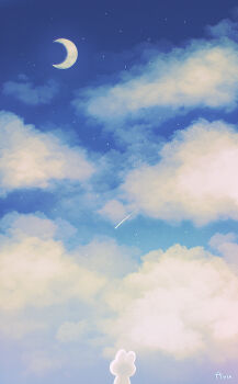 Rule 34 | ayu (mog), blue sky, cloud, cloudy sky, commentary, commentary request, crescent moon, english commentary, from behind, highres, mixed-language commentary, moon, no humans, original, outdoors, rabbit, romaji commentary, shooting star, signature, sky, star (sky), starry sky