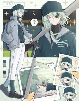 1boy ? anaxa_(honkai:_star_rail) aqua_hair aqua_shirt ayacchirin baseball_bat baseball_cap baseball_uniform belt black_gloves black_shoes character_name chibi closed_eyes closed_mouth commentary earrings english_commentary eyepatch gloves grey_eyes grey_jacket hat highres holding holding_baseball_bat honkai:_star_rail honkai_(series) jacket jewelry long_hair long_sleeves male_focus multiple_views pants shirt shoes sneakers sportswear white_pants zipper