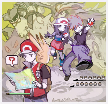 Rule 34 | 1girl, 2boys, ?, arcanine, backpack, bag, baseball cap, blue oak, brown hair, clefable, closed mouth, collared shirt, commentary, exeggutor, gen 1 pokemon, gengar, hat, holding, holding map, holding poke ball, jacket, leaf (pokemon), lillin, long hair, looking down, loose socks, map, multiple boys, nintendo, pants, pidgeot, pikachu, poke ball, poke ball (basic), poke ball symbol, pokemon, pokemon frlg, red (pokemon), red headwear, red jacket, rhydon, shirt, shoes, short hair, short sleeves, skirt, sleeveless, sleeveless jacket, sleeveless shirt, socks, speech bubble, spoken question mark, t-shirt, victreebel, white headwear, wristband, yellow bag