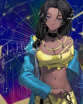 1girl bindi black_choker black_hair blue_background blue_coat breasts choker cleavage closed_mouth coat constellation cropped_shirt dark-skinned_female dark_skin facial_mark facing_viewer forehead_mark glasses hair_ornament hato_(hato76158369) highres holding holding_removed_eyewear kaalaa_baunaa large_breasts long_hair looking_to_the_side navel off_shoulder pants purple_eyes reverse:1999 ring_hair_ornament shirt solo stomach unworn_eyewear upper_body yellow_pants yellow_shirt
