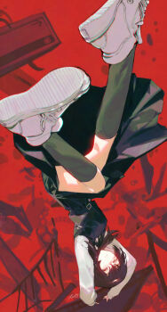 1girl black_hair chainsaw_man chromatic_aberration commentary convenient_leg dress english_commentary fourth_east_high_school_uniform full_body highres kneehighs long_hair looking_at_viewer mitaka_asa pinafore_dress raneblu red_background school_uniform shirt shoes sleeveless sleeveless_dress socks solo upside-down white_shirt white_shoes