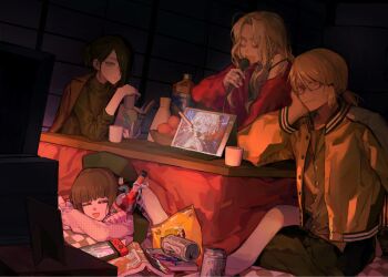 2girls 3boys bag_of_chips black_hair black_pants black_shirt book broken_mask broken_screen brown_hair brown_jacket buttons chinese_commentary closed_eyes closed_mouth cup danganronpa_another earrings glasses green_sweater grey_eyes hair_ornament hair_over_one_eye happy holding holding_book holding_cup holding_microphone indoors ipad jacket jacket_on_shoulders jewelry karaoke kotatsu long_sleeves magorobi_emma makunouchi_hajime mask microphone mug multiple_boys multiple_girls music necklace nijiue_iroha nintendo_switch open_mouth pants pen ponytail rabbit_hair_ornament rainbow rainbow_hair_ornament red_eyes red_jacket ring sannoji_mikado shirt short_hair short_ponytail singing smile star_(symbol) star_earrings super_danganronpa_another_2 sweater table tablet_pc television turtleneck turtleneck_sweater white_shirt yellow_jacket yellow_shirt yomiuri_nikkei yough42