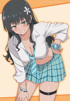 1girl black_hair blue_eyes blue_necktie blue_scrunchie blue_skirt breasts brown_background cleavage collared_shirt don_quijote_(store) earrings flower grin gyaru hair_flower hair_ornament half-closed_eyes hand_on_own_hip hand_on_own_knee heart heart_earrings highres infinite_moppy jewelry large_breasts leaning_forward long_hair looking_at_viewer midriff navel necktie official_alternate_costume plaid_clothes plaid_skirt saten_ruiko school_uniform scrunchie seductive_gaze seductive_smile shirt simple_background skirt smile solo striped_clothes striped_necktie thigh_strap tied_shirt toaru_kagaku_no_railgun toaru_majutsu_no_index twitter_username two-tone_background white_shirt wrist_scrunchie