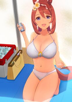 Rule 34 | absurdres, animal ears, bag, bikini, blue eyes, blush, braid, breasts, brown hair, cooler, flower, hair flower, hair ornament, halterneck, hand up, handbag, highres, holding sunscreen, horse ears, horse girl, horse tail, kneeling, large breasts, looking at viewer, lotion, navel, open mouth, sidelocks, stellaria s, sunscreen, super creek (umamusume), swimsuit, tail, umamusume, white bikini