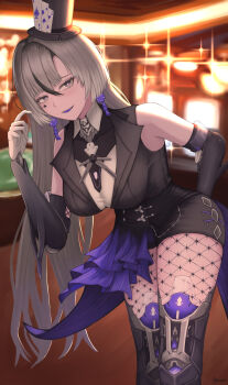 1girl absurdres arm_behind_back bare_shoulders black_hat black_jacket black_shorts breasts card colored_tongue commentary_request dice dice_earrings earrings facial_mark fishnet_pantyhose fishnets grey_eyes grey_hair hand_up hat highres indoors jacket jewelry joints large_breasts leaning_forward lilith:_daemonissa_(pgr) lilith_(pgr) long_hair mark_under_eye mechanical_arms mechanical_hands mechanical_legs multicolored_hair pantyhose parted_lips playing_card punishing:_gray_raven purple_tongue red_pupils robot_joints shorts signature smile solo spade_(shape) spade_facial_mark streaked_hair top_hat yuzu_(yuzexit565)