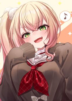 1girl absurdres blonde_hair blush breasts brown_cardigan cardigan collar crossed_bangs fang frilled_collar frills gradient_hair green_eyes hair_ornament hair_over_shoulder hand_up heart heart_in_eye high_side_ponytail highres hololive large_breasts long_hair long_sleeves looking_at_viewer momosuzu_nene momosuzu_nene_(casual) multicolored_hair musical_note neckerchief official_alternate_costume official_alternate_hairstyle open_mouth pink_hair plaid_clothes plaid_neckerchief pom_pom_(clothes) pom_pom_hair_ornament red_neckerchief sailor_collar shagaihi side_ponytail sidelocks sleeves_past_fingers sleeves_past_wrists smile smug solo sparkle speech_bubble spoken_musical_note symbol-shaped_pupils symbol_in_eye upper_body virtual_youtuber white_sailor_collar