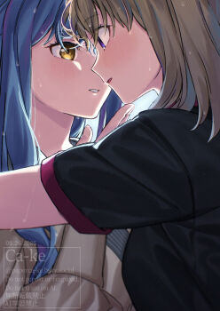 Rule 34 | 2girls, bang dream!, bang dream! it's mygo!!!!!, black shirt, blue hair, blush, commentary, dated, hand up, imminent kiss, long hair, medium hair, misumi uika, multiple girls, open mouth, paperca-ke, purple eyes, shirt, short sleeves, togawa sakiko, upper body, watermark, wet, yellow eyes, yuri