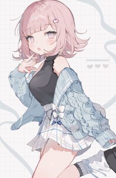 Rule 34 | 1girl, :o, absurdres, bare shoulders, black shirt, blush, breasts, brown hair, commentary request, cowboy shot, danganronpa (series), danganronpa 2: goodbye despair, hair ornament, heart, highres, jacket, large breasts, medium hair, miniskirt, mokyuko, nanami chiaki, off shoulder, open clothes, open jacket, pink eyes, plaid clothes, plaid skirt, shirt, skirt, sleeves past wrists, socks, solo, white skirt