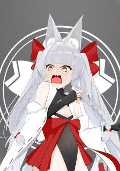 1girl absurdres animal_ear_fluff animal_ears asanagi_(azur_lane) azur_lane bare_shoulders black_gloves black_leotard braid commentary_request detached_sleeves fingerless_gloves gloves grey_background grey_hair highleg highleg_leotard highres leotard long_hair open_mouth sakura_empire_(emblem) simple_background slit_pupils solo twin_braids very_long_hair wide_sleeves xin_sanmu yellow_eyes