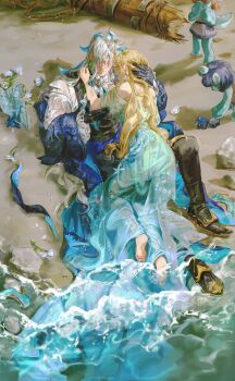 1boy 1girl 2others alternate_costume aqua_dress ascot barefoot beach black_boots black_gloves black_pants blonde_hair blue_jacket blue_streaks boots bouquet commentary_request couple dress earrings flower genshin_impact gloves hair_over_eyes hand_in_another's_hair hand_on_another's_head hand_on_another's_shoulder hetero highres jacket jewelry lluluchwan looking_at_another melusine_(genshin_impact) multicolored_hair multiple_others navia_(genshin_impact) neuvillette_(genshin_impact) pants parted_lips sand shirt sitting soles streaked_hair water watermark wet wet_clothes wet_hair white_ascot white_flower white_hair white_shirt