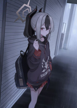 1girl absurdres backpack bag bare_legs black_hair black_hoodie blue_archive closed_mouth demon_horns earphones feet_out_of_frame fog hair_between_eyes hair_ornament hairclip halo hand_in_pocket hand_up highres holding holding_earphones hood hood_down hoodie horns kayoko_(blue_archive) kit long_sleeves looking_at_viewer medium_hair miniskirt multicolored_hair outdoors plaid_clothes plaid_skirt pleated_skirt ponytail rain red_eyes red_skirt skirt solo two-tone_hair white_hair