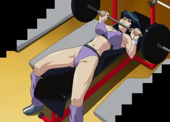 00s 1girl alternate_hairstyle anime_screenshot ass bench bench_press black_hair breasts cameltoe cleavage cleavage_cutout clenched_teeth clothing_cutout curvy exercising female_focus fujimura_shizuru gym highres large_breasts long_hair looking_up lying navel on_back ponytail ryona shinkon_gattai_godannar!! shiny_skin sports_bikini sports_bra stitched sweat teeth third-party_edit thong weightlifting weights wide_hips