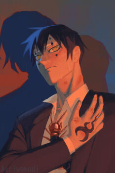 1boy absurdres asteris-kitsy black_hair bug centipede clip_studio_paint_(medium) commentary english_commentary formal_clothes hand_tattoo hand_up highres kagurabachi looking_at_viewer male_focus piercing shadow short_hair suit tattoo yellow_eyes yura_(kagurabachi)